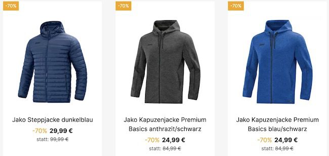 Jako Ausverkauf mit 70% Rabatt + keine VSK   z.B. Steppjacke 29,99€ (statt 57€)