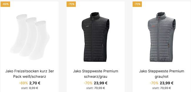 Jako Ausverkauf mit 70% Rabatt + keine VSK   z.B. Steppjacke 29,99€ (statt 57€)