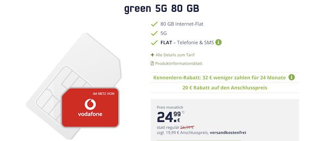 🔥 Vodafone Allnet Flat mit 80GB 5G (!) für 24,99€ mtl.