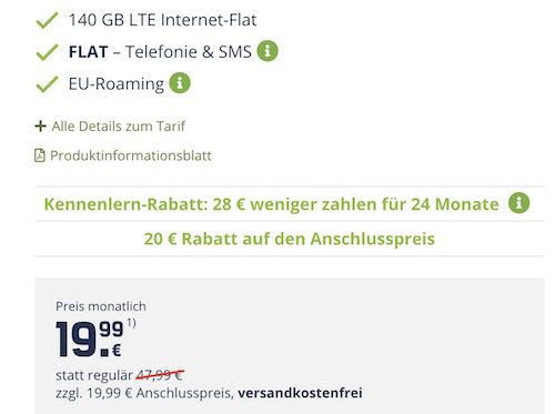 o2 Allnet Flat mit 140GB LTE (!) für 19,99€ mtl.   monatlich kündbar!