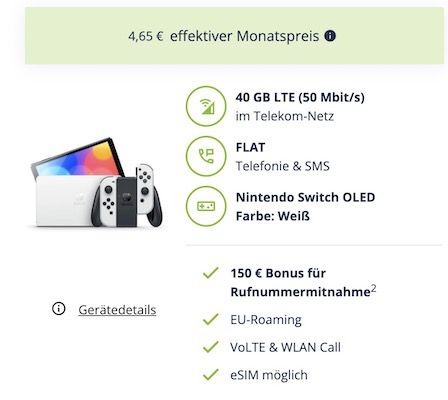 Nintendo Switch OLED + Telekom Allnet 40GB für 22,99€ mtl. + 150€ Bonus