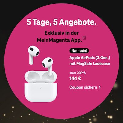 🎶 Apple AirPods (3. Gen mit MagSafe Ladecase) für 144€ (statt 176€)