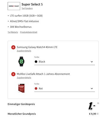 Samsung Galaxy A14 inkl. Galaxy Watch 4 + o2 Allnet Flat 10GB LTE für 9,99€ + 30€ Bonus