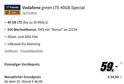 Apple iPhone 15 für 59€ + Vodafone Allnet 40GB für 34,99€ mtl. + 50€ Bonus