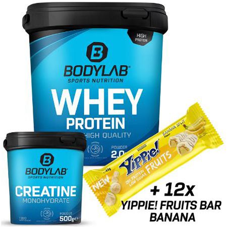 Bodylab Whey Protein 2kg + Creatine 500g + 12x Yippie Fruits Bars für 50€ (statt 80€)