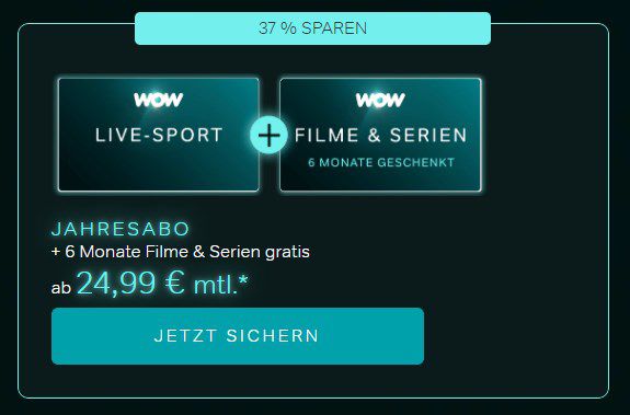 WOW TV: 12 Monate Live-Sport + 6 Mon. Filme + Serien Abo für 24,99€ mtl.  (statt 40€)