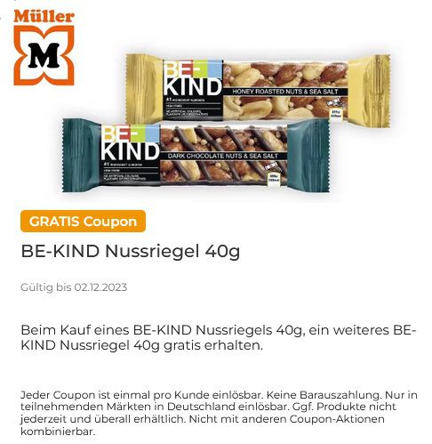 Couponplatz: 1x BE KIND Nussriegel kaufen und 1x gratis dazu