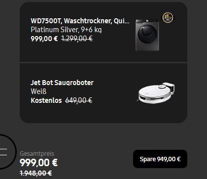 Samsung WD7500T Waschtrockner + Jet Bot Saugroboter für 999€ (statt 1.245€)