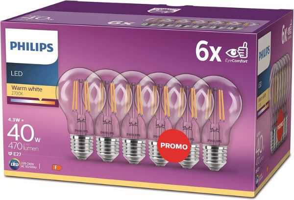 6er Pack Philips LED Classic E27 Lampe, 4,3 W für 12,99€ (statt 18€)