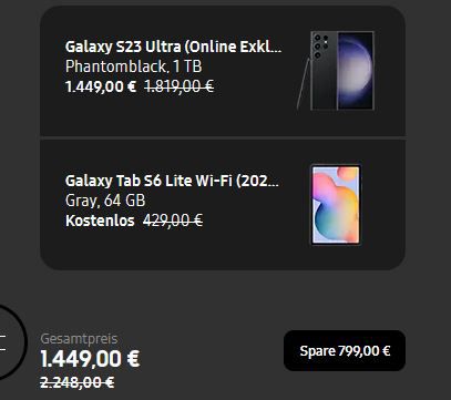 Samsung Galaxy S23 Ultra 1TB + Galaxy Tab S6 Lite für 1.449€ (statt 1.712€)
