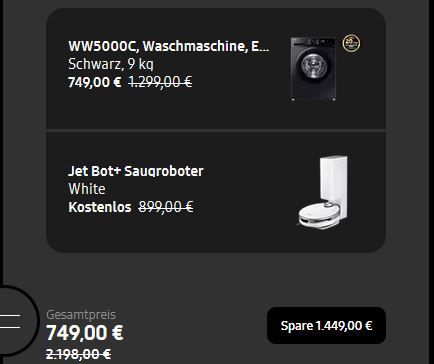 Samsung WW5000C Waschmaschine + Jet Bot+ Saugroboter für 749€ (statt 1.179€)