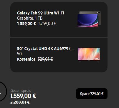 Samsung Galaxy Tab S9 Ultra 1TB + 50 Crystal UHD TV für 1.559€ (statt 1.718€)