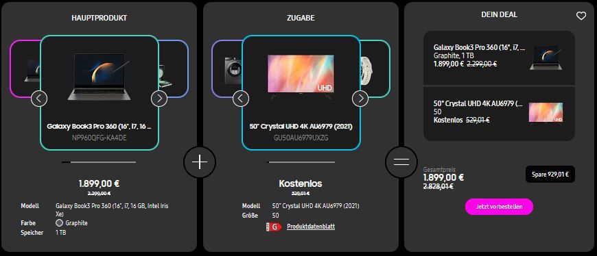 Samsung Galaxy Book 3 Pro 360 + 50 GU AU6979U Smart TV für 1.899€ (statt 2.232€)