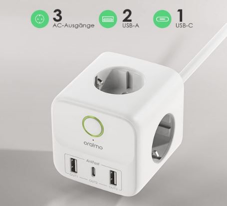 Oraimo 3 Fach Steckdosenwürfel mit 2x USB A & 1x USB C für 14,99€ (statt 20€)