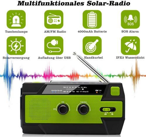 Nigecue Solar Kurbelradio mit AM/FM & 4.000mAh Powerbank für 12,99€ (statt 17€)