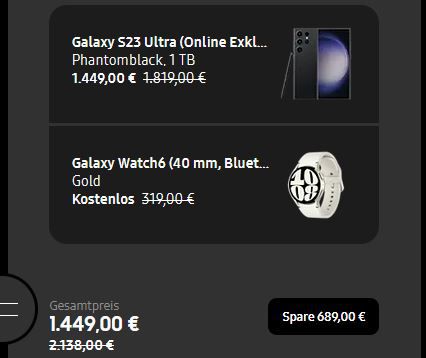Samsung Galaxy S23 Ultra 1TB + Samsung Galaxy Watch6 für 1.449€ (statt 1.832€)