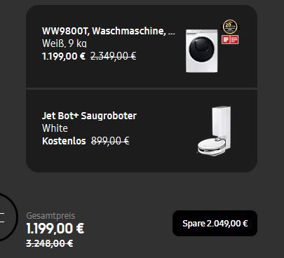 Samsung Waschmaschine 9KG + Jet Bot+ Saug­ro­bo­ter für 1.199€ (statt 1.530€)