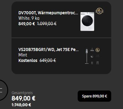 Samsung DV7000T Wärmepumpentrockner + Jet 75E PetPRO für 849€ (statt 1.248€)