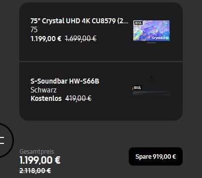 Samsung GU CU8579 75 TV + Samsung HW S66B Soundbar für 1.199€ (statt 1.478€)