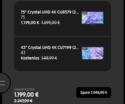 🔥Samsung 75 Crystal UHD 4K CU8579 + 43 Crystal UHD 4K CU7199 für 1.199€ (statt 1.532€)