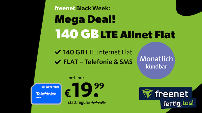 o2 Allnet Flat mit 140GB LTE (!) für 19,99€ mtl.   monatlich kündbar!