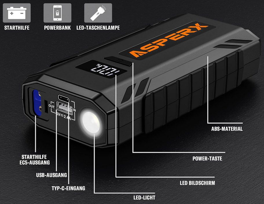 ASPERX Starthilfe Powerbank 2000A Spitze Powerbank 12V Booster