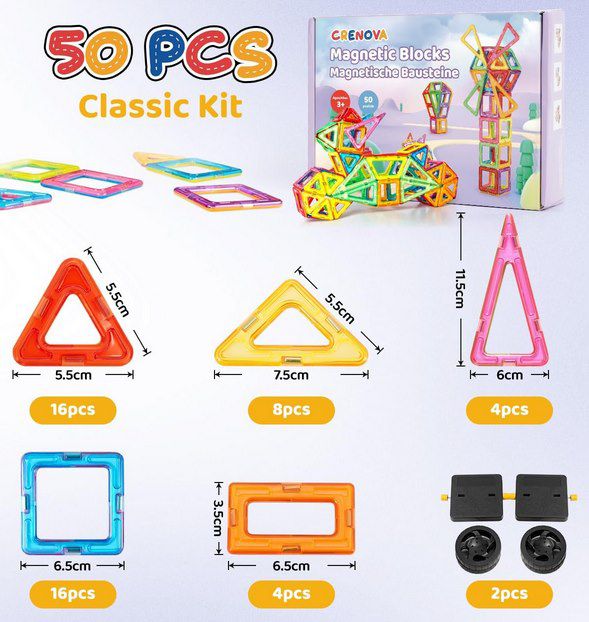 🟨 Crenova   Bunte & magnetische Bausteine (50 tlg) für 13,42€ (statt 18€)