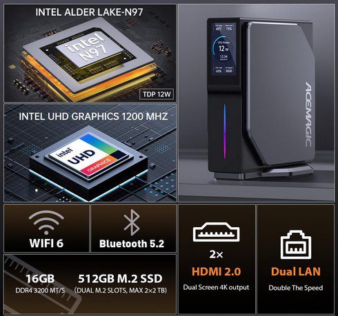 Acemagic S1 Mini PC mit LCD, N97 & 16/512 GB für 203,63€ (statt 249€)