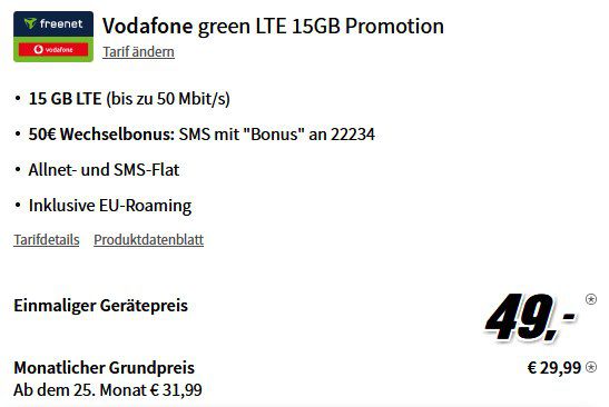 Apple iPhone 14 für 49€ + Vodafone Allnet 15GB für 29,99€ mtl + 50€ Bonus