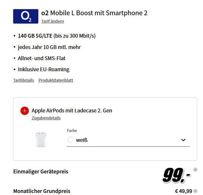 Apple iPhone 15 + Airpods (2.Gen) für 99€ + O2 AllNet Flat 140GB für 49,99€ mtl