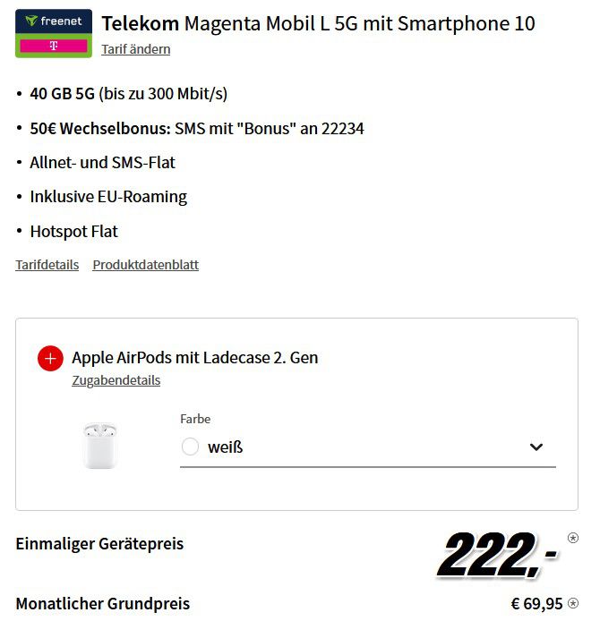 Apple iPhone 15 Pro Max für 222€ + AirPods 2. Gen + Telekom Allnet 40GB 69,95€ mtl.