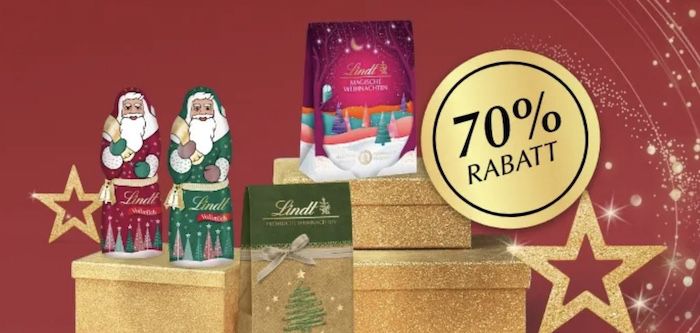 Lindt: 70% Rabatt auf Weihnachtsartikel   z.B. 175g Weihnachtsmann Mütze für 3,15€ (statt 6€)