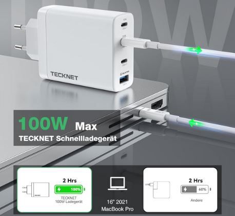 Tecknet USB C & USB A 4 Port Ladegerät mit 100W für 25,59€ (statt 46€)