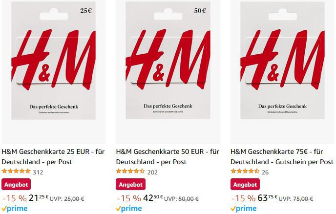 75€ H&M Geschenkkarte per Post für 63,75€