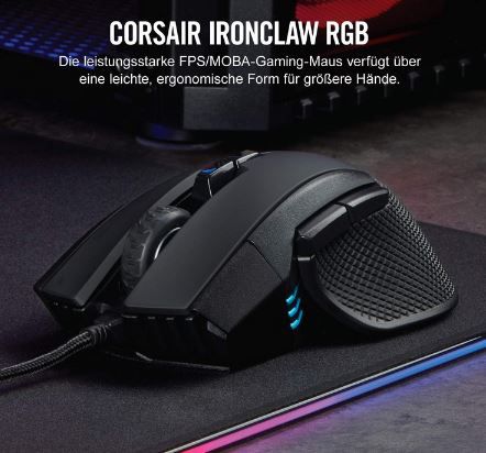 Corsair Ironclaw Wired 18K DPI RGB Gaming Maus für 44,99€ (statt 50€)