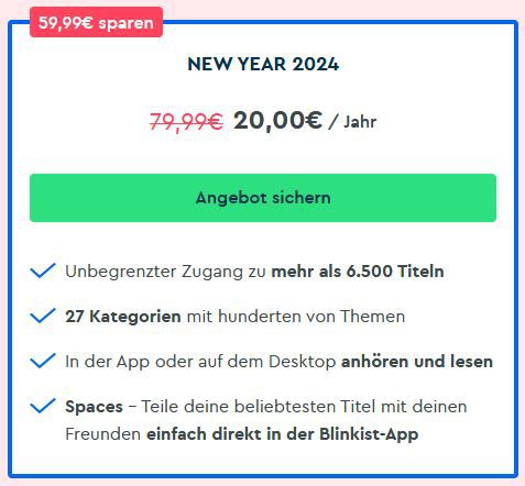 Blinkist Sachbuch Zusammenfassungen   Jahresmitgliedschaft für 20€ (statt 80€)