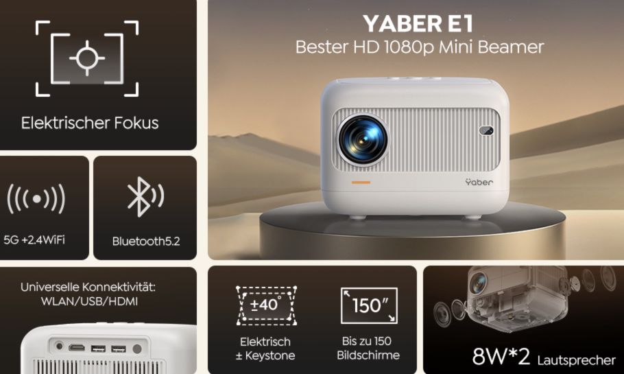YABER E1 1080p Mini LED Beamer für ca. 83€ (statt 154€)