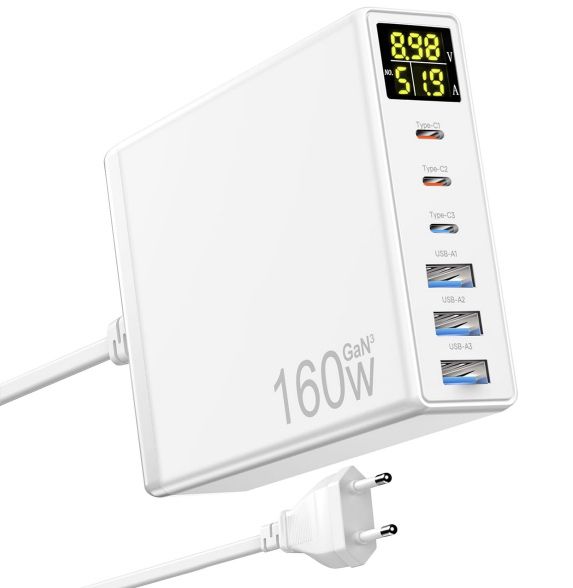 160W USB C 6 Port GaN Schnellladegerät mit LED Anzeige für 30,24€ (statt 55€)