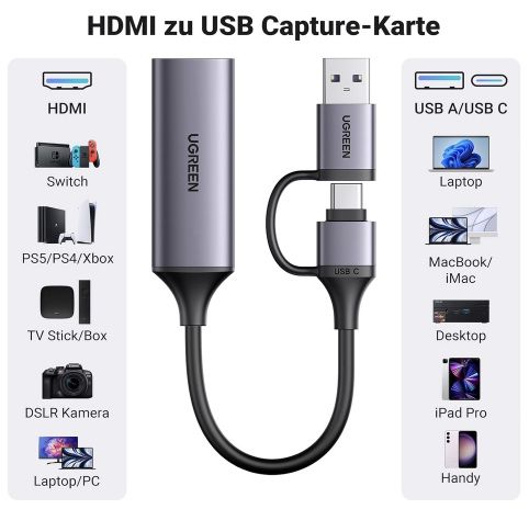 UGREEN Video Capture Card HDMI auf USB C/A für 19,49€ (statt 26€)