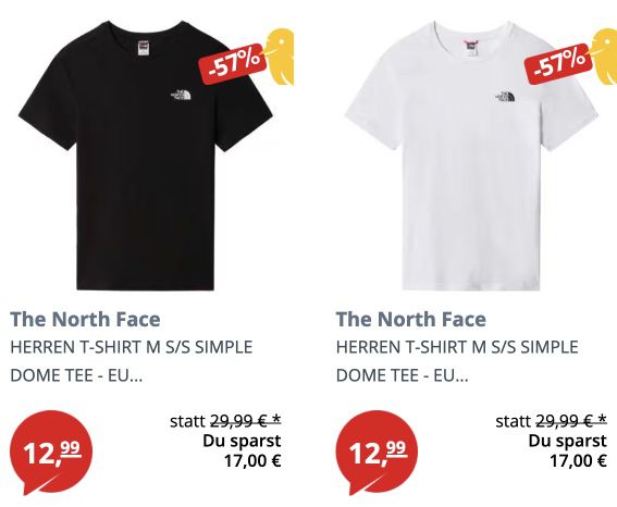 The North Face T Shirt M S/S SIMPLE DOME für 17,98€ (statt 23€)   nur M & XL