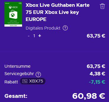 75€ XBox Live Guthabenkarte für 60,95€