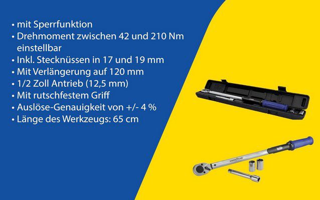 Goodyear 75522 Drehmomentschlüssel 42 210 Nm inkl. Stecknüsse 17 19mm für 43,50€ (statt 60€)