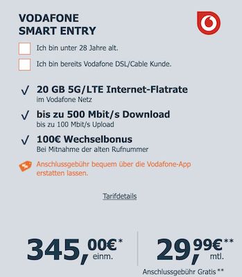 Apple iPhone 15 für 345€ + Vodafone Allnet 20GB 5G für 29,99€ mtl. + 100€ Bonus