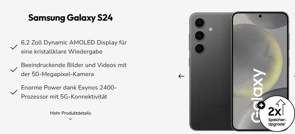 Samsung S24 (256GB) für 9,95€ + O2 AllNet Flat 25GB 5G/LTE 29,99€ mtl.