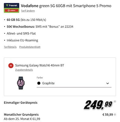 Samsung Galaxy S24 Ultra + Watch6 249,99€ + Vodafone Allnet 60GB 5G 59,99€ mtl.
