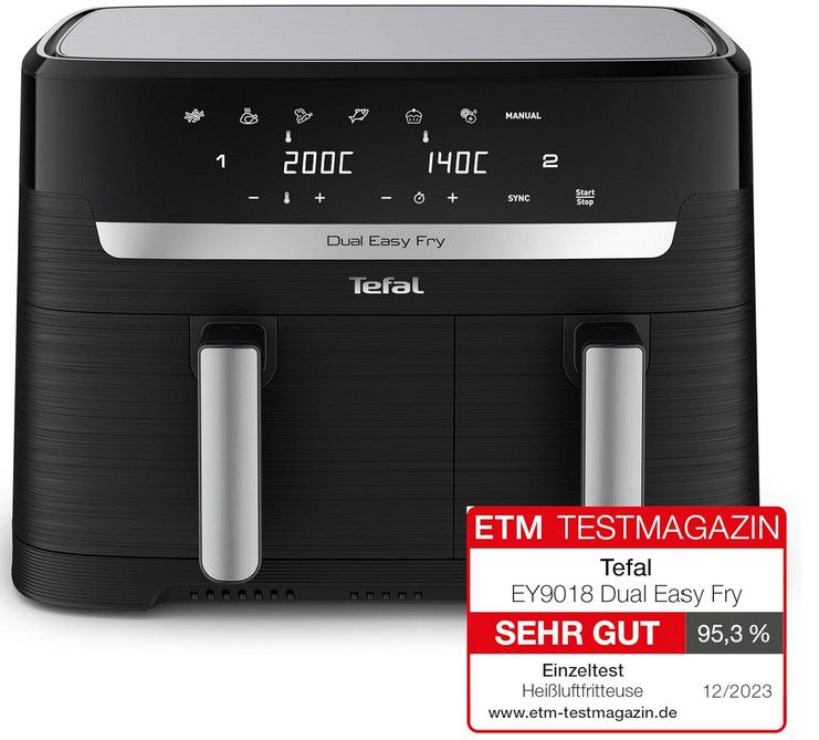 Tefal EY9018 Dual Easy Fry Doppelkammer Heißluftfritteuse für 129,99€ (statt 180€)