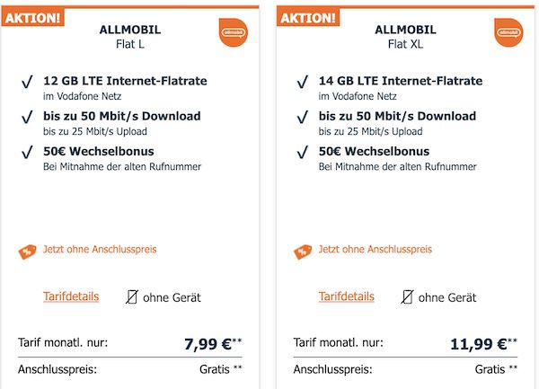 Vodafone Allnet Flat mit 12GB LTE50 für 7,99€ mtl. + 50€ Bonus
