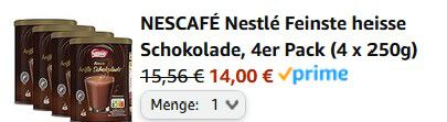4er Pack Nestle Feinste heisse Schokolade, je 250g für 14€ (statt 20€)