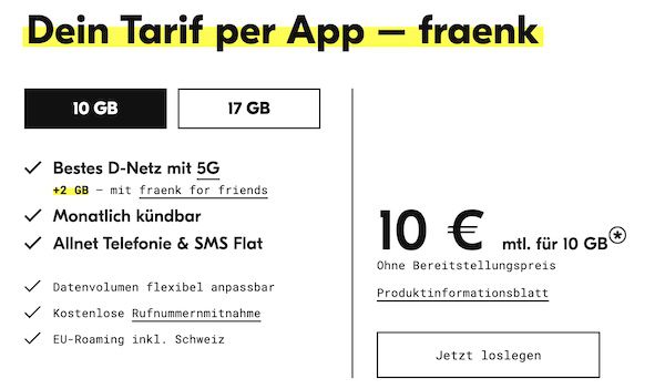 🔥 fraenk: Telekom Allnet Flat mit 12GB 5G nur 10€ mtl.