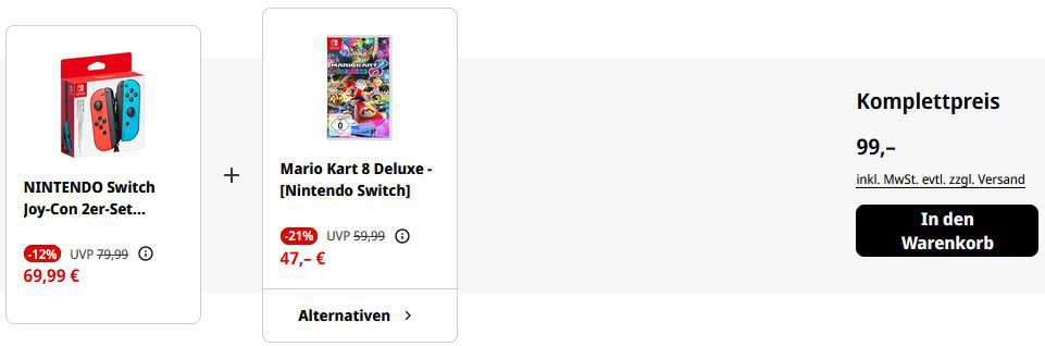 Nintendo Switch Joy Con 2er Set + Mario Kart 8 für 99€ (statt 114€)
